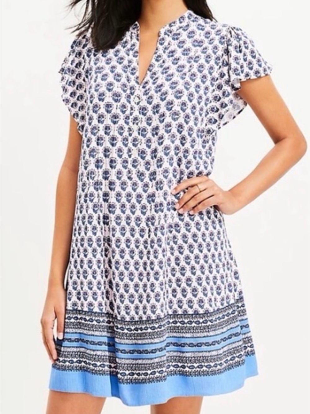 Loft Pink Blue Floral Petite Border Pleated Ruffle Sleeve Swing Dress Size M